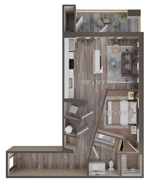 Floor plan for 1 bed, 1 bath, 760 sqft